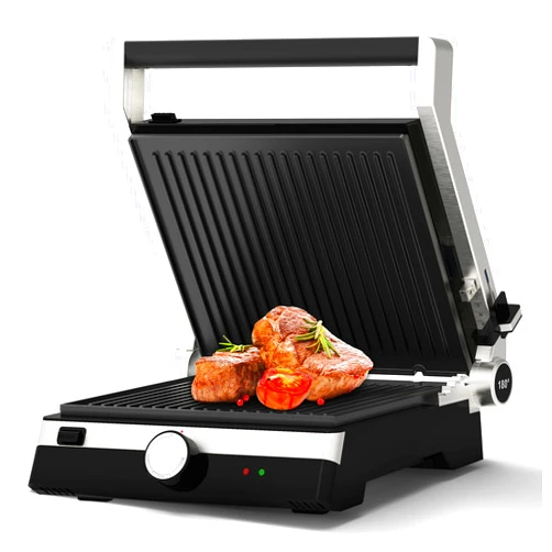 OMAIGA Panini Press, Sandwich Maker, 2000W 6-Serving Indoor Grill, Stainless Steel Top Surface, Detachable Non-stick Die-cast Aluminium Plates, Upright Storage, Opens 180 degrees