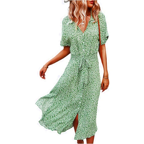 Ztuony Women's Floral Boho Dress Short Sleeves Button Down V Neck Summer Midi Dress Casual Front Tie Shirt Dress