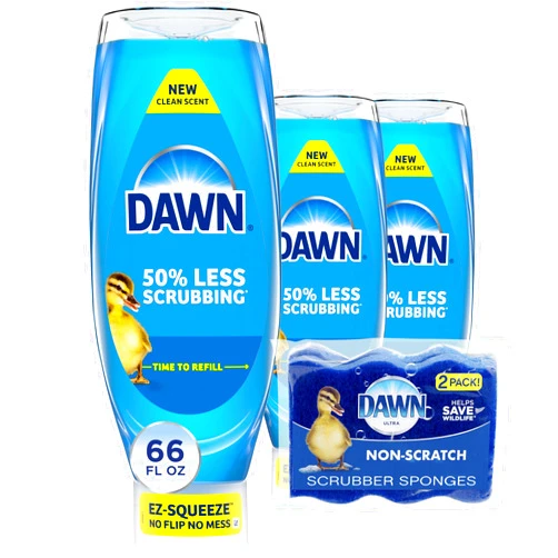 Dawn Dish Soap Squeeze Bottle, EZ-Squeeze Dawn Dishwashing Liquid, Dawn Dish Soap Liquid, Dish Washing Liquid + Non-Scratch Sponges for Dishes, Original, Includes 3x22oz Bottles + 2 Sponges