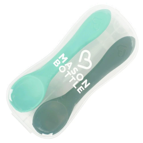 Mason Bottle Silicone Baby Spoons (2-Pack) – BPA-Free Feeding Utensils for Babies 6–12 Months – Puree Spoons with Case, Non-Toxic, Dishwasher Safe (Teal & Grey)