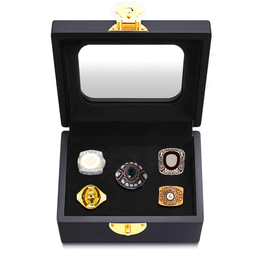 Equsion Championship Ring Display Case 5 Ring Posts Clear Display Case Box with Locks Acrylic Baseball Ring Holder for Multiple Rings Sports Fan Souvenirs, Black