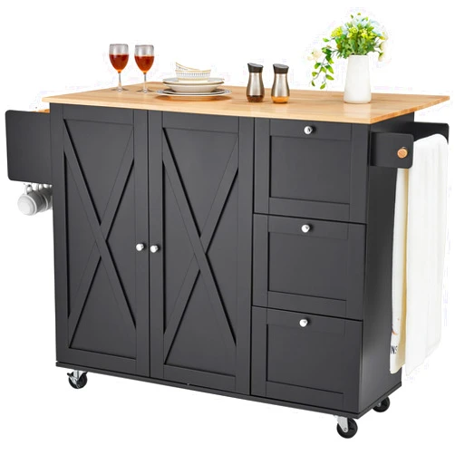 VEVOR Kitchen Island Cart, Rolling Table with Drop Leaf, Spice Rack, Towel Bar, Adjustable Shelf, Drawer, and Hooks, Mobile Island on Wheels, Mobile Carts with Storage Cabinet, 45.3