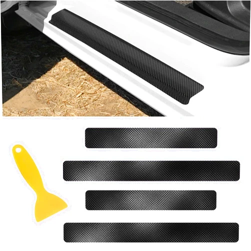 Hirificing Black Door Sill Guard Protector, 4PCS 3D Carbon Fiber Anti-Scratch Door Entry Edge Bumper Sill Scuff Plate Trim, Front/Rear Door Threshold Protector Cover Sticker Strips