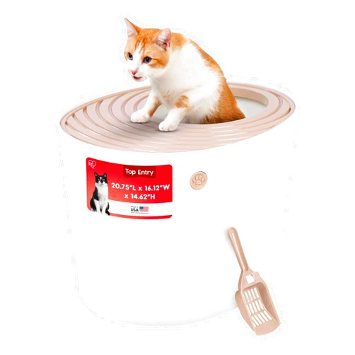 IRIS USA Cat Litter Box Large Top Entry with Lid Enclosed Covered Hooded Design Litter Catching Scatter Shield Pan Dog Proof Pet Proof Scoop Included Odor Control for Indoor Cats Kittens Beige/White