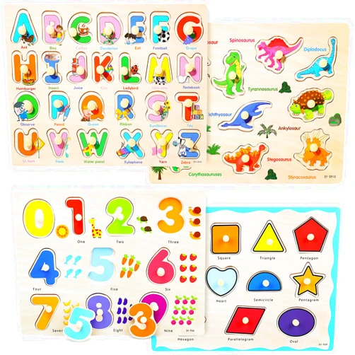 Xanllaxa Wooden Toddler Puzzles for 2 3 4 Years Old,4 Pcs (Number,Letter,Shape,Dinosaur) Montessori Educational Learning Puzzles Set for Kids,Preschool,Gift