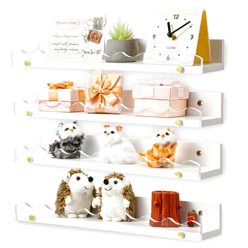 Yesaior 16.5 Inches Nursery Book Shelves for Wall, 4-Pack Clear Acrylic and Wooden White Floating Rack for Bedroom Kids, Scalloped Book Shelves, Toddler Room, Playroom & Nursery Decor (White)