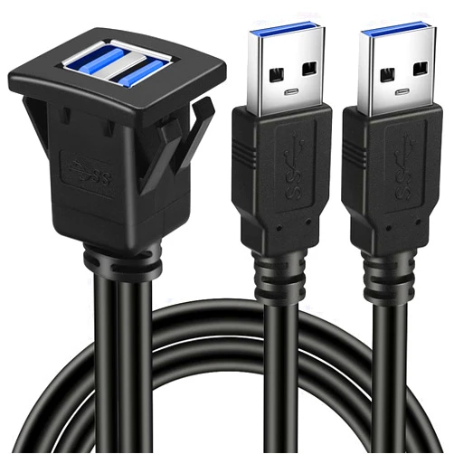 BATIGE Dual Ports Square USB 3.0 Panel Flush Mount Extension Cable with Buckle for Car Truck Boat Motorcycle Dashboard 1ft
