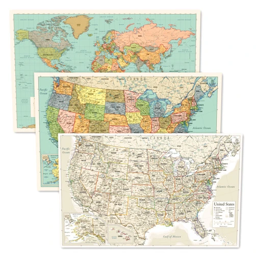 Palace Learning 3 Pack - World & USA Map Chart [Tan/Color] + Antique Style USA Map (LAMINATED, 18” x 29”)