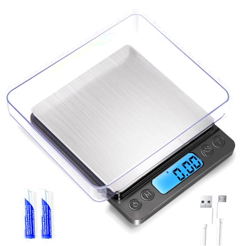 MEIYA Small Digital Gram Scale 1000g by 0.01g, MEIYA High Accuracy Scale for Food Ounces and Grams, Upgrade USB Charging Kitchen Scale Digital Weight for Cooking, Baking, with Tare Function, 9 Units, 2 Tray
