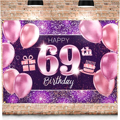 PAKBOOM Happy 69th Birthday Banner Backdrop - 69 Birthday Party Decorations Supplies for Women - Pink Purple Gold 4 x 6ft
