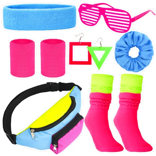 YAROMO 80s Neon Workout Costume Accessories Set, 80s 90s Leg Warmers Headband Wristband Fanny Pack for Women Yoga