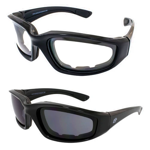 Birdz Eyewear Oriole Motorcycle Sunglasses Padded Riding Glasses 2 Pair Black Frame w/Clear & Smoke Lenses