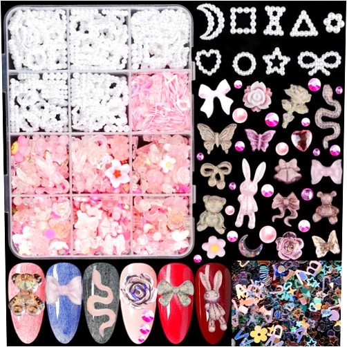 Sinyanail 12 Grid Acrylic Butterfly Bow Bear Flower Heart Crown with ABS Hollow Pearls Heart Nail Charms and Holographic Sequins for Nail Art Designs Crafting DIY Accessories(Pink)