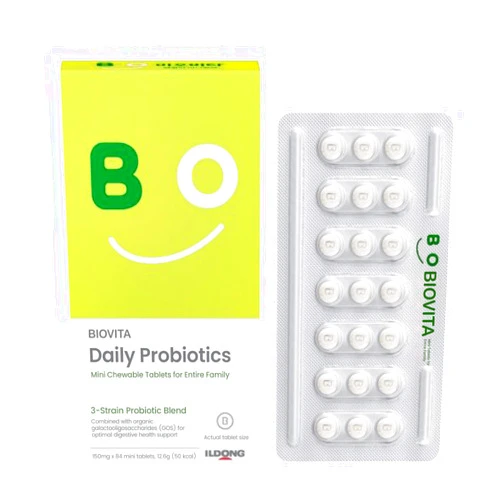 BIOVITA Family Probiotics Mini Tablets (84 Tablets, 28 Days) - Chewable Synbiotic Supplement for Smooth Bowel Movement. Improve Gut/Digestive Health. Organic Prebiotics.