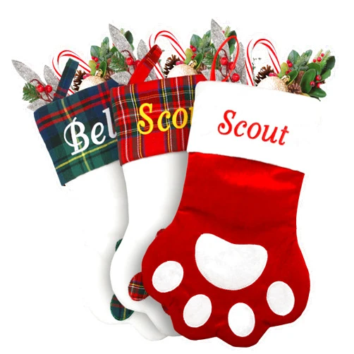 GoTags Personalized Christmas Stocking for Dogs and Cats, Paw Shape Stocking Custom Embroidered with Pet Name