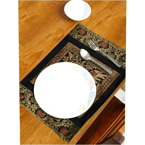 Real Online Seller Indian Rectangle Hand Art Black Paisley Design Good Luck Silk placemats Set of 4 18X 12 Inch Black Color Table Cloth Black Elephant Placemats 18 x 12 Inchs RealPmate_BLACK_007