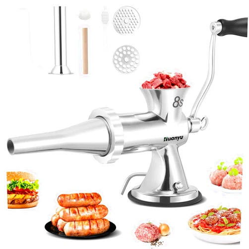 Huanyu Manual Meat Grinder Sausage Stuffer Filler Hand Crank Mincer Stainless Steel Meat Processor Grinding Machine Ground Chopper Home Use for Beef Chicken Rack chili etc. Dishwasher Safe