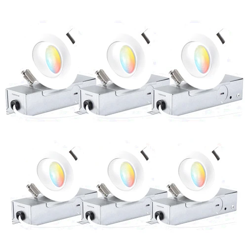 TORCHSTAR 5CCT 3 Inch Gimbal LED Recessed Light with Junction Box, Narrow Frame Aluminum, CRI90+ Dimmable 7W Eyeball Downlight, IC Rated, 2700K-5000K Selectable, Pack of 6