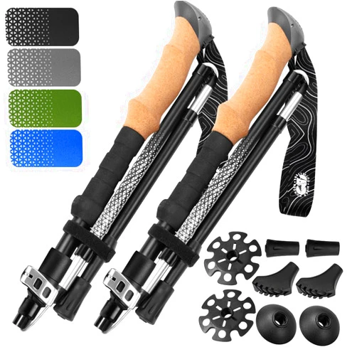 Hiker Hunger Outfitters Premium Foldable Hiking Poles by USA Brand - Adjustable, Lightweight Trekking Poles Made of Aircraft Aluminum, Metal Flip Locks & Comfortable Real Cork and EVA Foam Grips