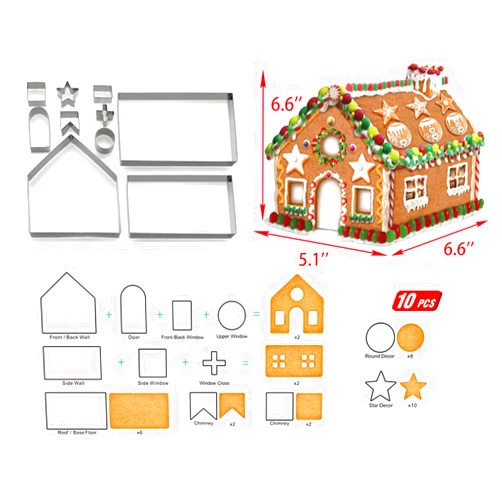 YXChome Gingerbread House Cookie Cutter Set - 3D House Cookie Cutters, Gingerbread House Kit for Holiday, Winter, Christmas & Gingerbread House Kit for Kids, Gift Package (10Pcs Christmas Cookie Cutters)