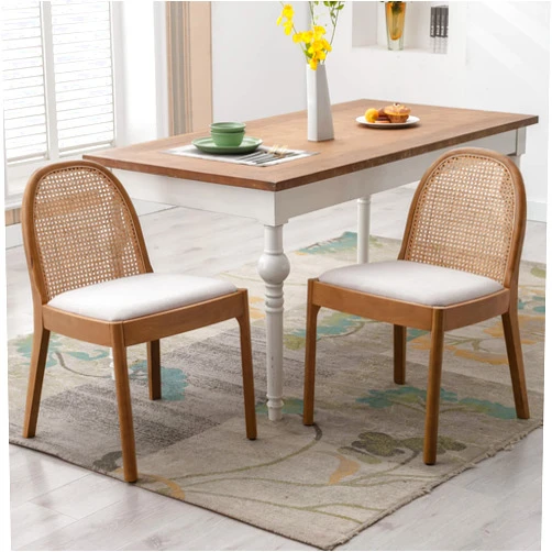 LukeAlon Linen Dining Chairs Set of 2, Natural Woven Cane Back Side Chairs with Solid Wood Legs Mid Century Dinner Chairs for Kitchen Living Room, Beige