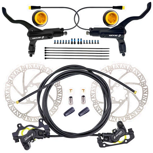 CooMeng Zoom HB876E 2-PIN/3-PIN 4-Pistons E-Bike Electric Power-Off Hydraulic Brake Set with 180mm Rotors, Pre-Bled Hydraulic Disc Brake Caliper Lever for eBike (Included Mounting Adapter)