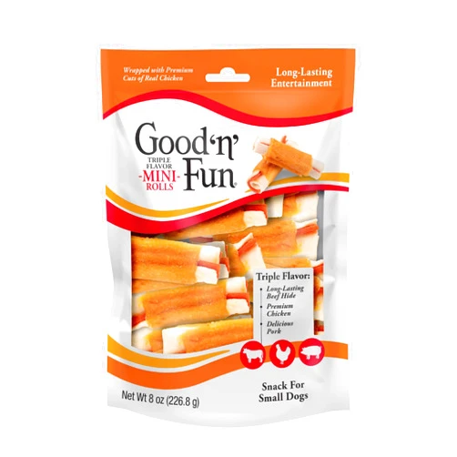 GOOD 'N' FUN Triple Flavor Mini Rolls, 8 Ounce, Treat Your Small Dog to a Long-Lasting Rawhide Chews