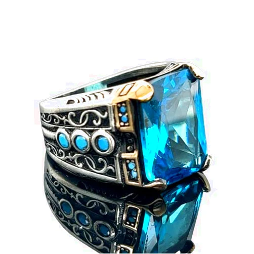 Mercan Silver Silver Aquamarine Stone Ring, Man Handmade Blue Sterling Silver Ring, Ottoman Style Ring, 925k Sterling Silver Ring, Gift For Him
