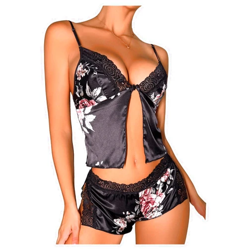 RoseSeek Women's Satin Pajama Set Floral Lace Trim Split Thigh Pjs Sets Babydoll Lingerie Sets for Women