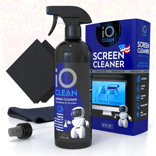 IO CLEAN Screen Cleaner Spray (16oz - 473ml) – Best Large Cleaning Kit for LCD LED OLED TV, Smartphone, iPad, Laptop, Touchscreen, Computer Monitor, Electronic Devices, 3 Microfiber Cloths and 2 Nozzles