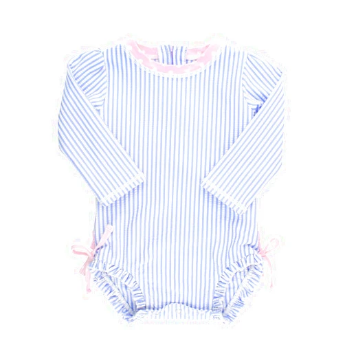 RuffleButts Baby/Toddler Girls Seersucker Long Sleeve One Piece Rash Guard Swimsuit with UPF 50+ Sun Protection