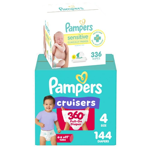 Pampers Pull On Cruisers 360° Fit Disposable Baby Diapers Size 4, One Month Supply (144 Count) with Sensitive Water Based Baby Wipes 6X Pop-Top Packs (336 Count)