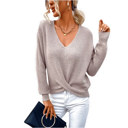 SweatyRocks Women's Long Sleeve Twist Front Sweater V Neck Drop Shoulder Cut Out Back Knitwear