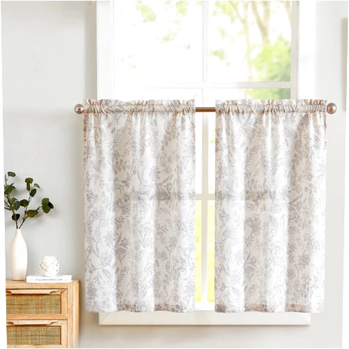 Lazzzy Kitchen Curtains Tier Curtains Linen Curtains Farmhouse Floral Gray Kitchen Cafe Curtains 24 Inch Length Small Rustic Country Curtains Rod Pocket Kitchen Curtain Set 2 Panels Grey on Beige