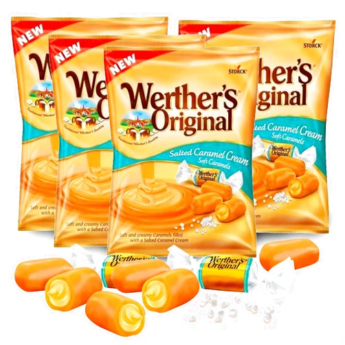 Munch Mania Werthers Original Salted Caramel Candy, Pack of 4 - Individually Wrapped Werther Soft Caramel, Werthers Caramel Filled Candy, Soft Chews Candy, Soft Candy, Caramel Creams, Salt Caramel - Comes in Munch Mania Packaging