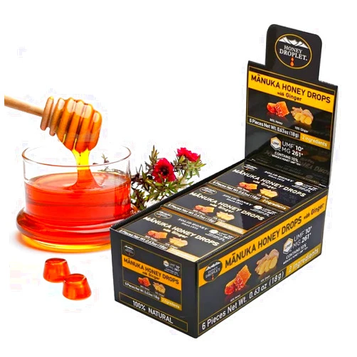 HONEY DROPLET] UMF™10+ (MG 261+) 100% Manuka Honey Drops, Truly Natural from New Zealand, 2 Premium Ingredient, 12 Packs (Ginger Flavor)