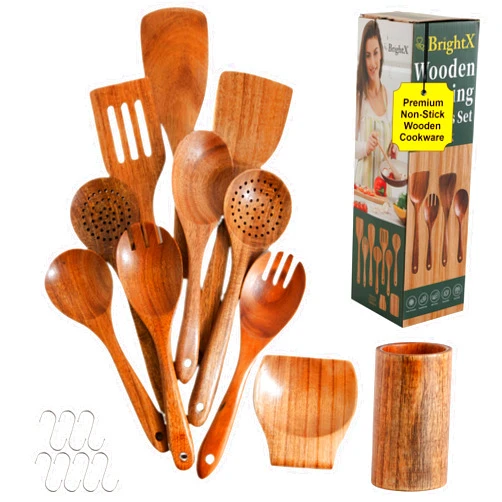 BRIGHTX Kitchen Wooden Cooking Spoons Set (9-Pcs) - Acacia Wood Utensils Set, Non-Toxic, BPA-Free & Safe Wooden Spatula, Ladle, Stirring & Mixing Spoons, Nonstick Chemical-Free Wooden Spoons for Cooking