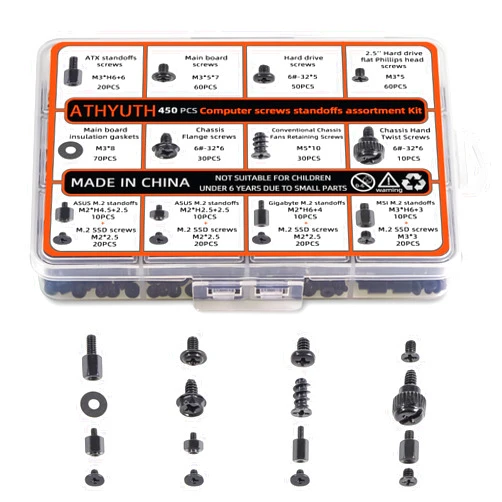 ATHYUTH 450-Piece Computer Screw Kit for PC Building and Repairing - Includes M.2 SSD Mounting Screws, Motherboard Standoff Screw, PC Case, SSD, HDD & Fan Screws | All-in-One Repair Kit
