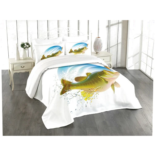 Ambesonne Fishing Coverlet, Largemouth Sea Bass Catching a Bite in Water Spray Motion Splashing Wild Image, 3 Piece Decorative Quilted Bedspread Set with 2 Pillow Shams, Queen Size, Green Blue