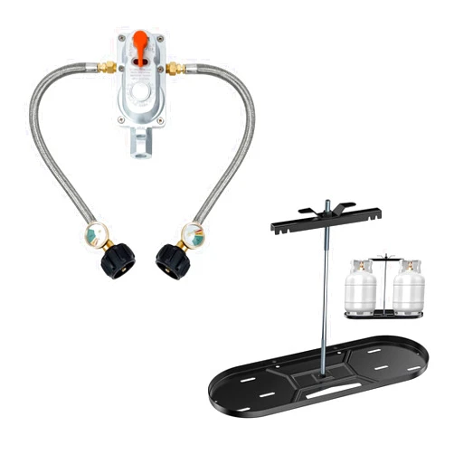 Skyflame 2-Stage Auto Changeover Propane Gas Rv Regulator Kit with 2PCS Gauges and Dual Propane Tank Mounting Rack for 20 lbs Tanks