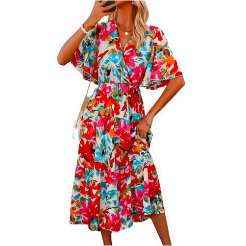 IGSY Allover Print Butterfly Sleeve Ruffle Hem Dress