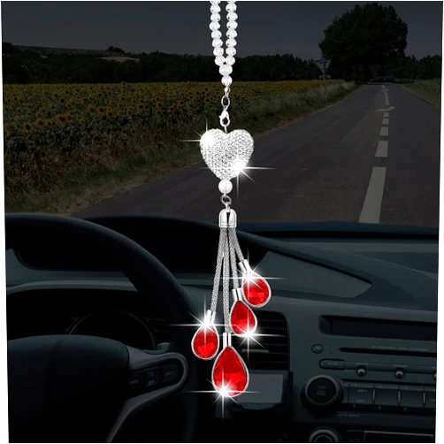 Frienda Bling Heart Car Charms Car Accessories for Women Christmas Crystal Rear View Mirror Hanging Charm Diamond Decoration Lucky Interior Ornament Pendant Gift for Valentine(9.8 Inch,Red)
