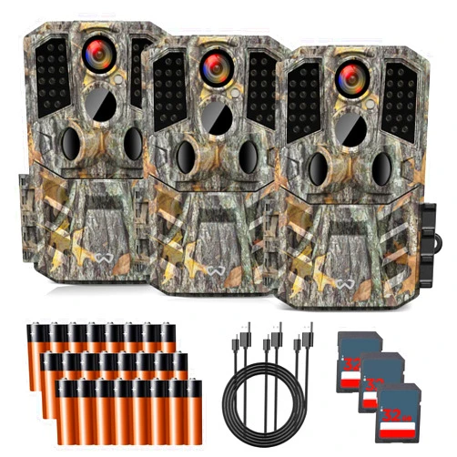 WOSODA Trail Camera 3 Pack 36MP 1920P HD Game Camera with SD Cards, 0.2s Trigger Time Infrared Night Vision Motion Activated, IP66 Waterproof 2.0''LCD Wildlife Camera for Monitoring
