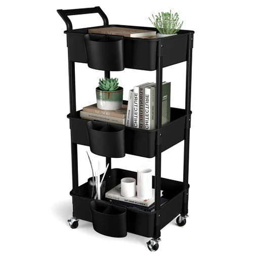 Hamone 3-Tier Utility Rolling Cart,Mobile Utility Cart with Lockable Caster Wheels,Storage Shelves Organizer Cart, 3 Hanging Baskets, Easy Assembly,for Bathroom, Kitchen, Office, Workshop,Black