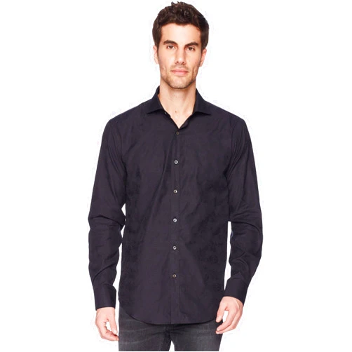 Bugatchi Men's Flower Jacquard Shaped Fit Solid Black Spread Collar Shirt