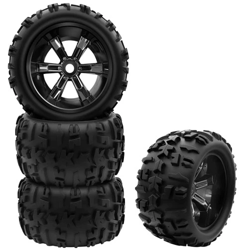GLOBACT 1/8 1/10 17mm Hex RC Wheels and Tires RC Monster Truck Buggy PreGlued RC Tires and Rims with Foam Inserts for 1/10 TRX ERevo T-Maxx Summit Arrma KRATON Outcast RC Monster Truck (4Pcs)
