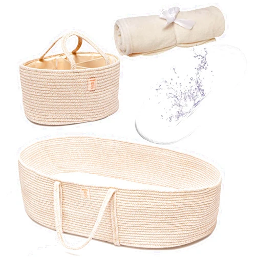 Generic Trendy Baby Changing Basket- Unisex Baby Moses Basket Set of 4 Pieces, Waterproof Pad Cover, Caddy Diaper Organizer,Cotton Blanket - Boho Basket - Nursery Decor - Bassinet Changing Table Topper