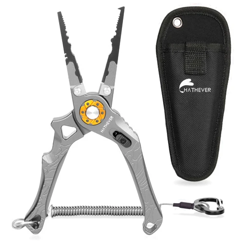 Hathever Saltwater Fishing Pliers, Split Ring Pliers for Fishing with Safety Lock, Fish Pliers with Sheath and Lanyard, Fishing Gifts for Men