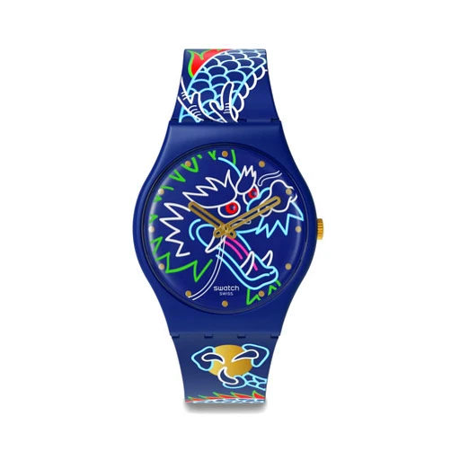 Swatch Unisex Casual Blue Bio-Sourced Quartz Watch Dragon in Waves
