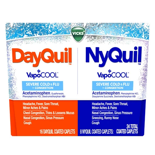 Vicks DayQuil and NyQuil SEVERE with Vicks VapoCOOL, Cough, Cold & Flu Relief Combo Pack, 24 Caplets (16 Dayquil, 8 Nyquil) - Sore Throat, Fever, and Congestion Relief 24 Count (Pack of 1)